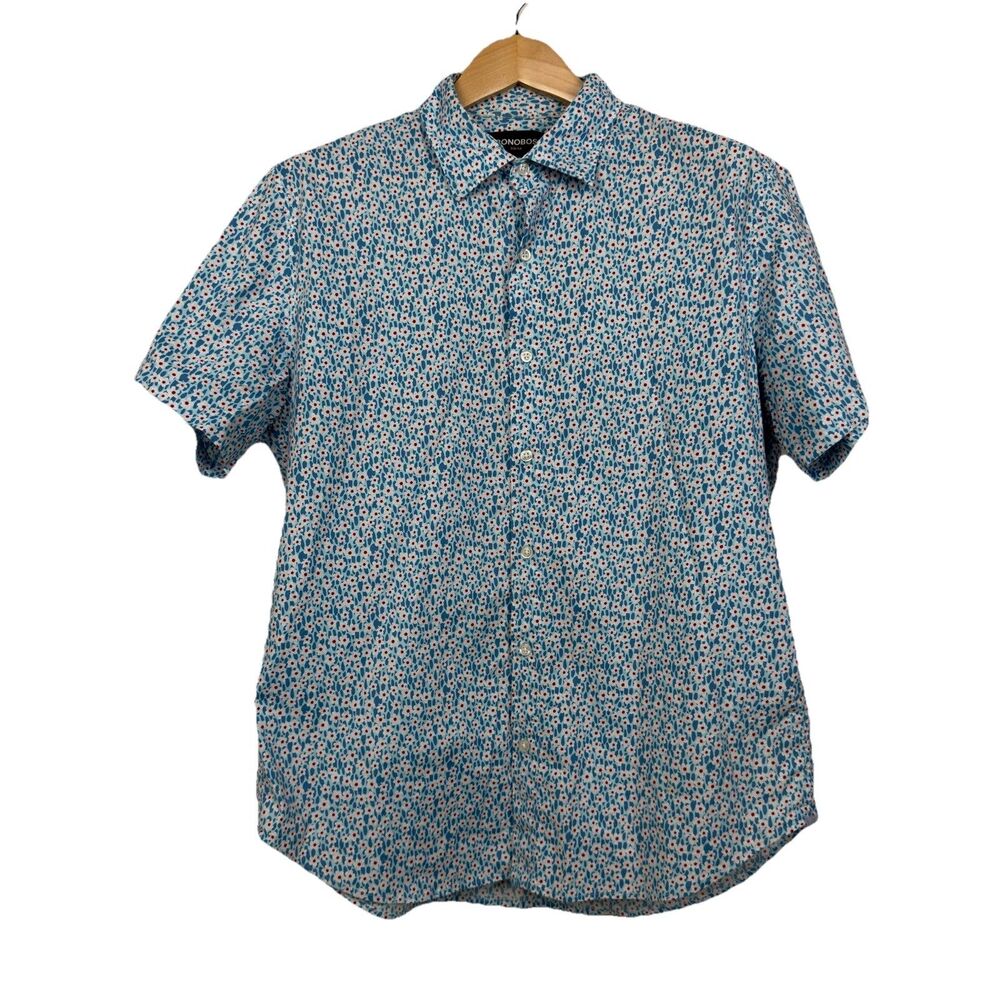 Bonobos Stretch Men’s L Standard Fit Short Sleeve Button Up Floral Blue,White